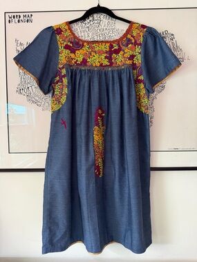 MI GOLONDRINA Blue Embroidered Dress Size Small S